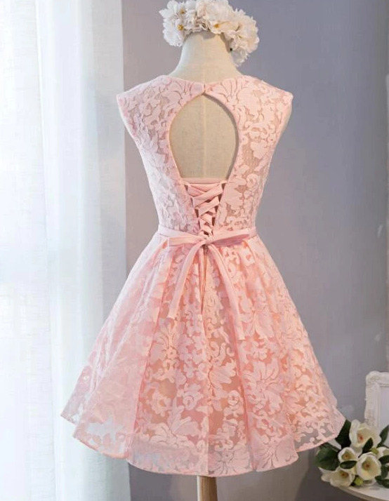 Pink Lace Knee Length Party Dress, Homecoming Dress cg12689
