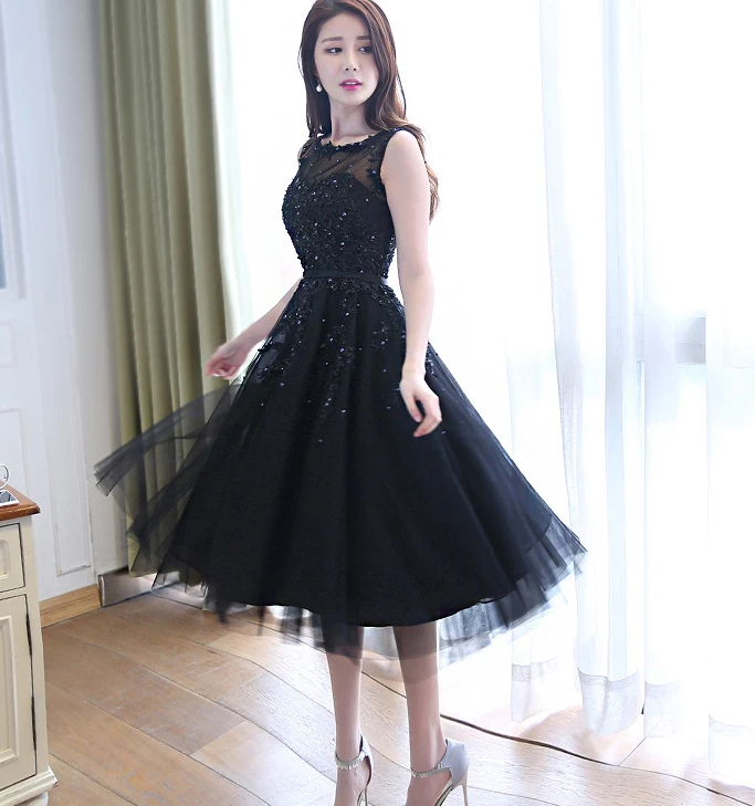 Beautiful Handmade Tea Length Tulle Black Party Dress, Black Bridesmaid homecoming Dress cg12690