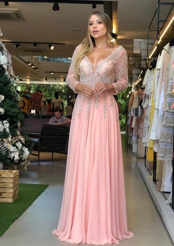 V neck long sleeves prom dress , pink prom dress cg12697