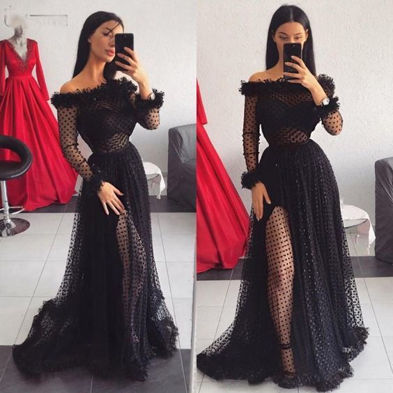 Black Dot Tulle Long Sleeve Prom Gown Formal cg12701