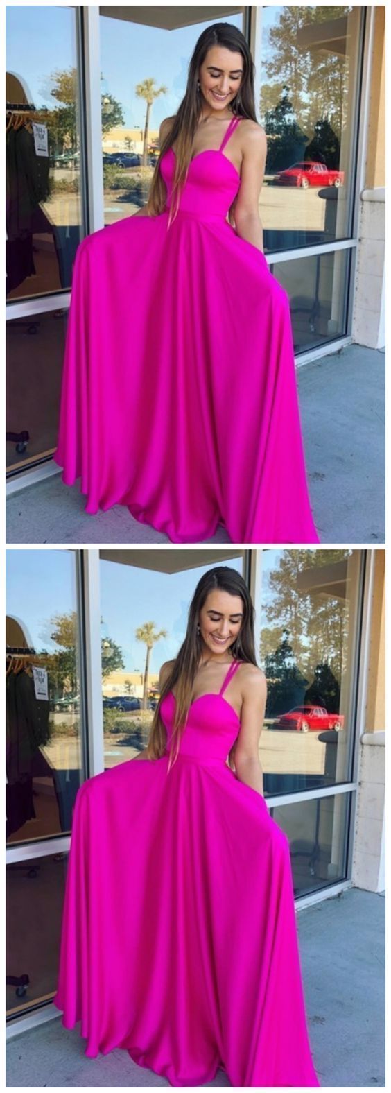 A-Line Spaghetti Straps Floor-Length Fuchsia Prom Dress with Pockets cg12709