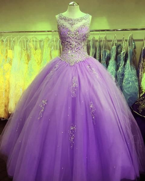 Crystal Beaded Scoop Neck Tulle Quinceanera Dresses Ball Gowns prom dress cg12758