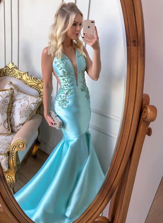 v neck mearmaid long prom dress with appliques cg12766