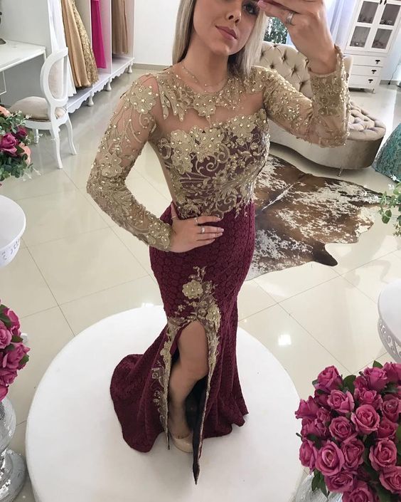 Long Sleeve Prom Dress,Mermaid Prom Dress With Split cg12774