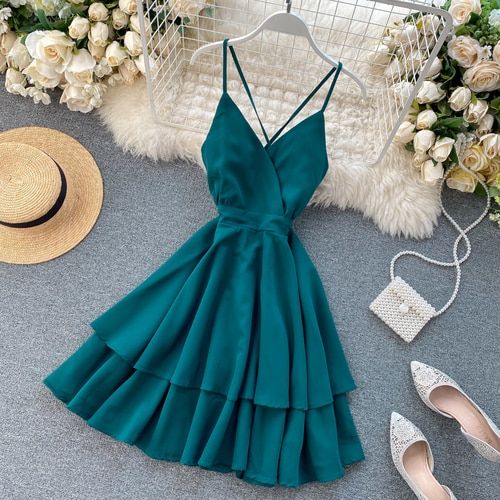 Women Dress Chic Spaghetti Strap Vestidos Sweet V Neck Sexy Backless Slim Waist Ruffle Beach homecoming Dresses cg12792