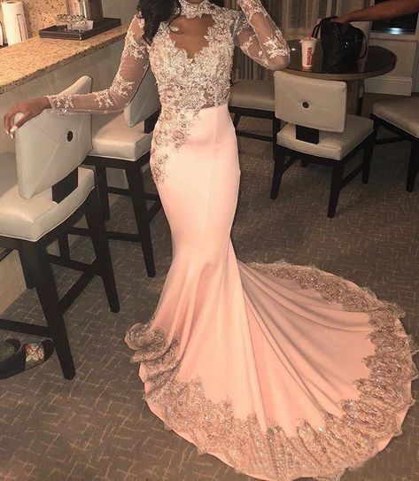 Long Sleeve Pink Mermaid Prom Dress Lace Appliques Beaded High Neck Formal Evening Dresses Party Gowns cg12793