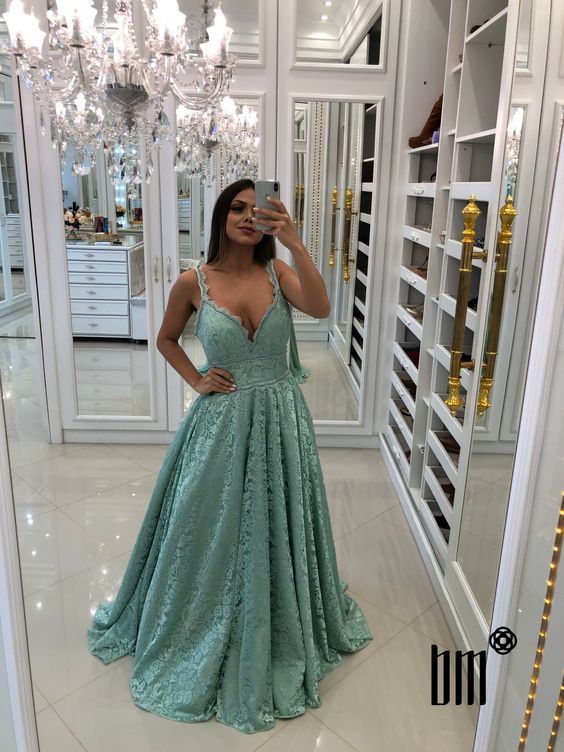 Long Prom Dresses A-line V Neck Long Prom Dress With Lace cg12801