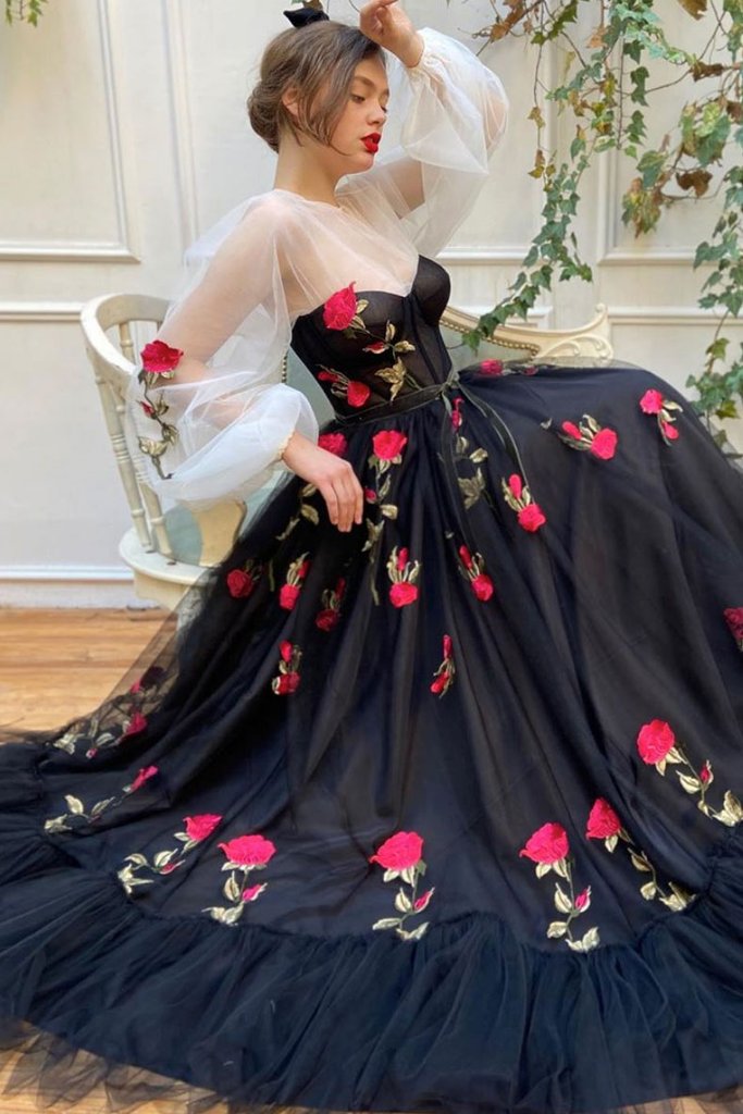 BLACK TULLE LACE LONG PROM DRESS BLACK TULLE FORMAL DRESS cg12810