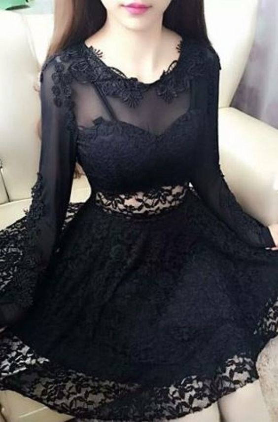 Sexy Black Lace Jewel Neck Long Sleeves Lace A-Line Short Homecoming Dress cg1282