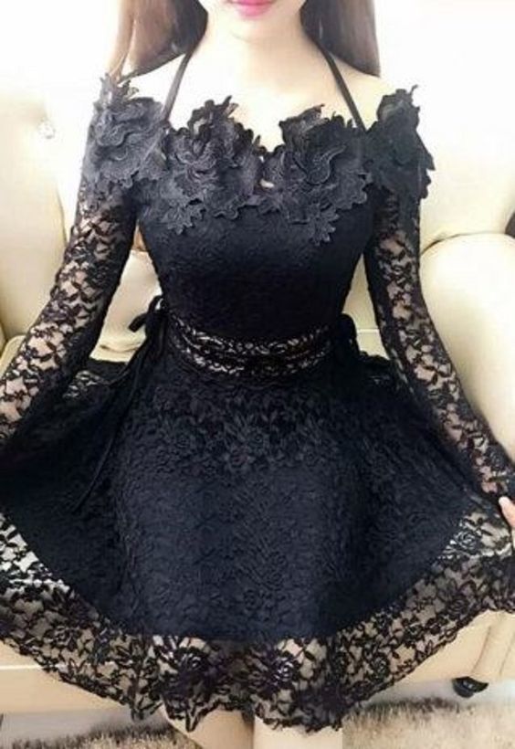 Sexy Black Lace Halter Long Sleeves Short Homecoming Dress cg1283