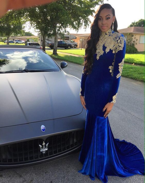 Sexy Cheap Prom Dresses Mermaid Blue High Long Sleeves Appliques Backless Velvet Formal Evening Party Gowns cg12842