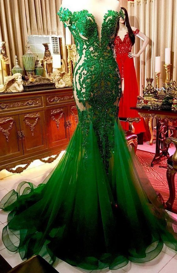 Green Lace Tulle Long Prom Dress, Green Lace Evening Dress cg12844