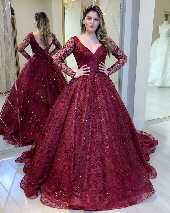 Burgundy prom dresses , long sleeves sparkly prom dress cg12848
