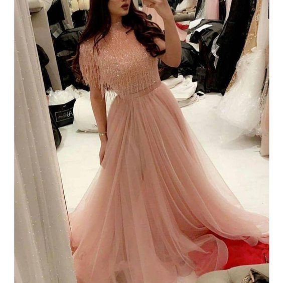 pink prom dresses 2020 tassel short sleeve tulle floor length pink evening dresses cg12850