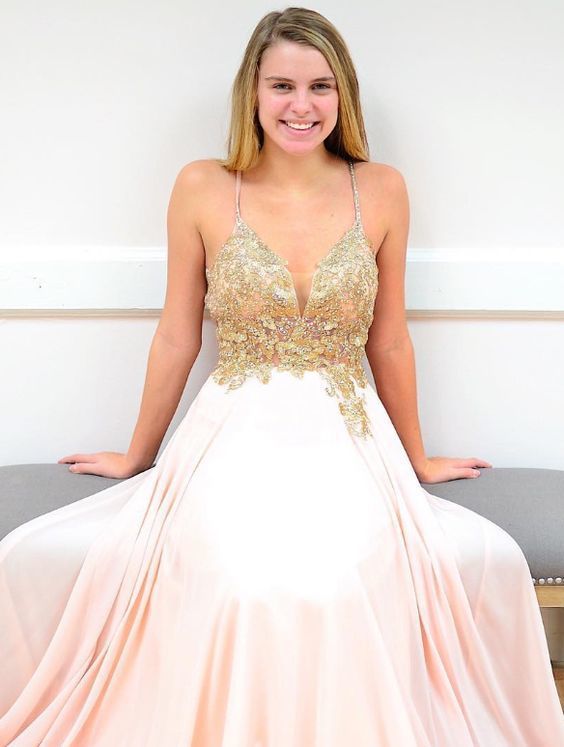 Princess Straps Pink Chiffon Long Prom Dress with Gold Appliques cg12851