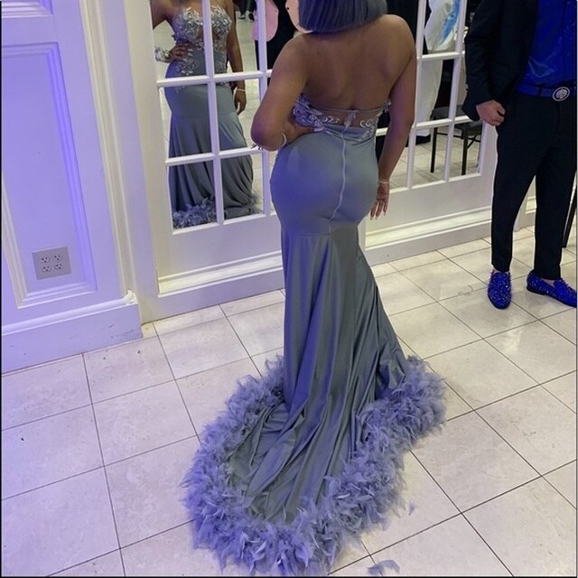 Gray Mermaid Halter Satin Backless Flower Feather Prom Dress cg12858