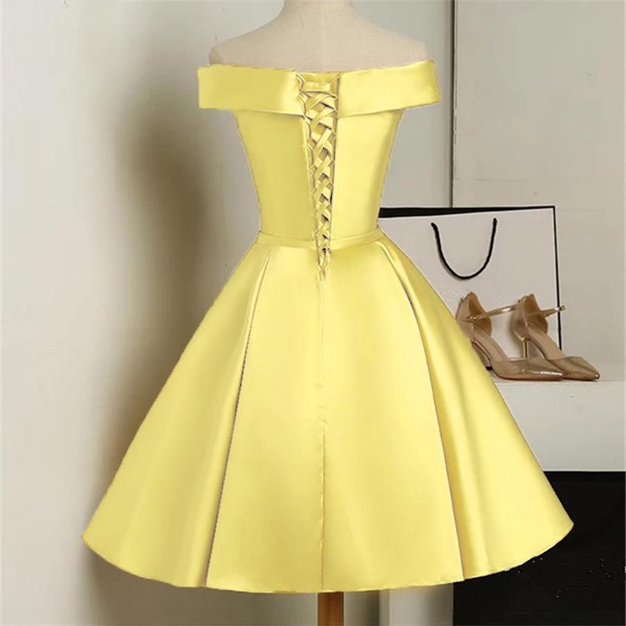 Custom Yellow Satin Off Shoulder Short Party Dress For Letty Homecoming Dress cg12873