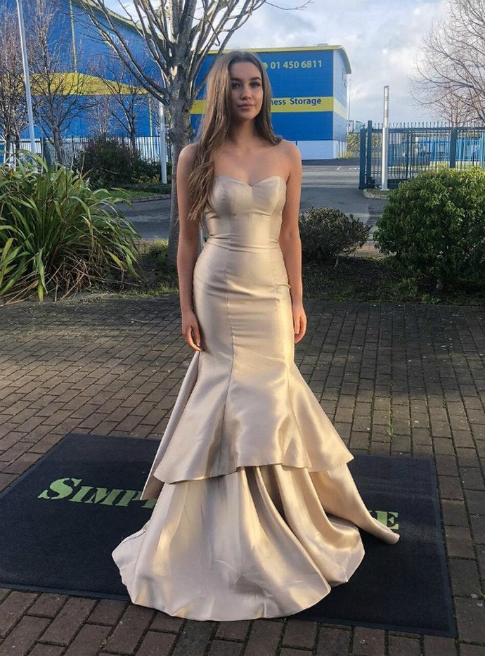 Champagne Mermaid Satin Sweetheart Long Prom Dress cg12887