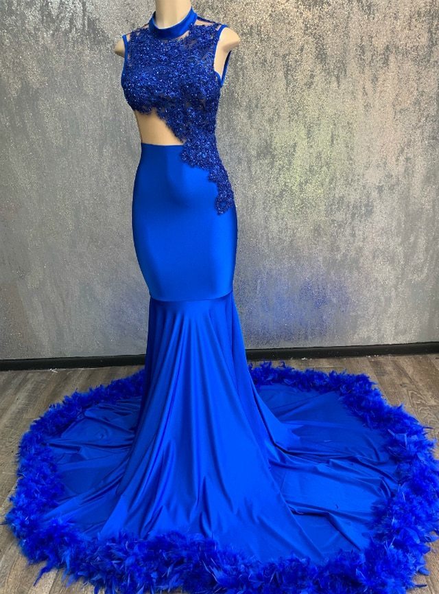 Sheath Royal Blue Mermaid Sleeveless High Neck Long Prom Dresse cg12888