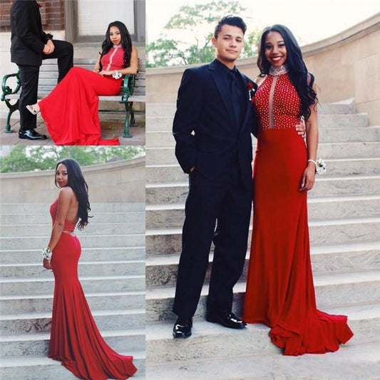 Red Halter Backless Long Mermaid Prom Dresses Mermaid Beaded Plus Size   cg12911