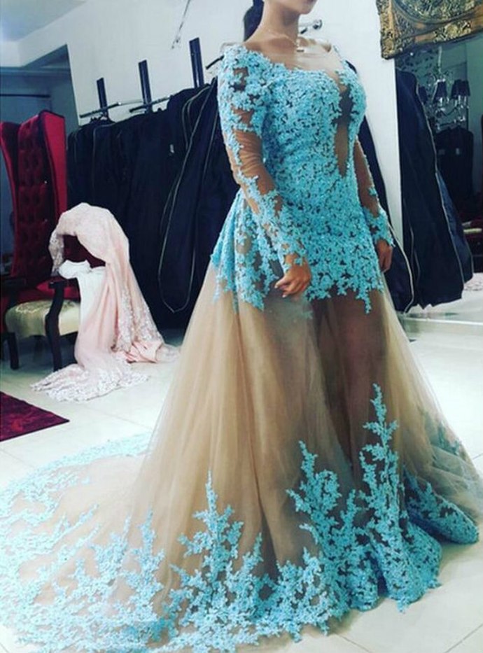 Fashion Removable Skirt Long Sleeve Blue Lace Appliques Prom Dresses cg12913