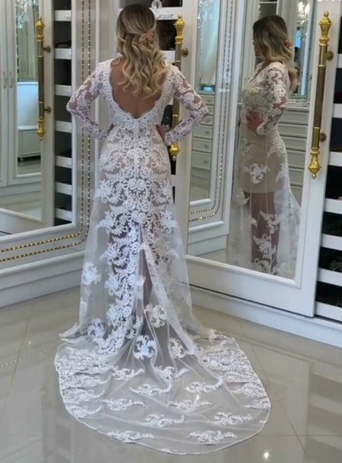 Lace Appliques Tulle Overlay Mermaid Long Sleeves Formal prom Gowns cg12918