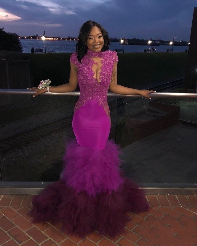 Purple Cap Sleeves High Neck Sequins Lace Appliques Mermaid Prom Dress cg12920