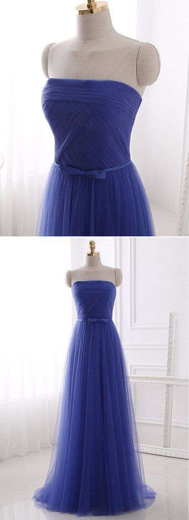 Royal Blue Tulle Strapless Long Prom Dress, Evening Dress With Bowknot cg12927