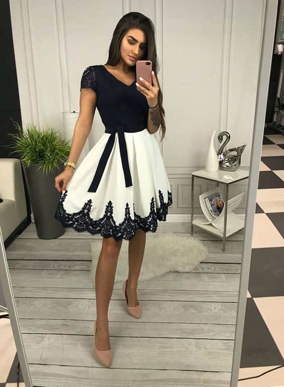 Cute v neck black lace and white short homecoming dress, homecoming dress cg1294