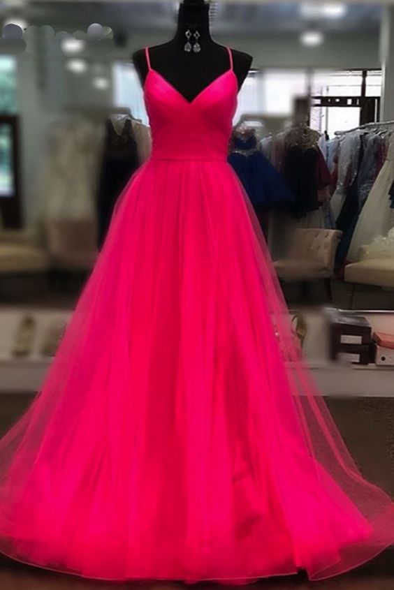 Stylish Fuchsia Coral Tulle Prom Dress Sexy Spaghetti Strap A Line Long Evening Dress Prom dress cg12943