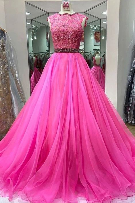Pink Tulle A Line Crystal Beaded Prom Dress Party Gowns Evening Dress cg12944