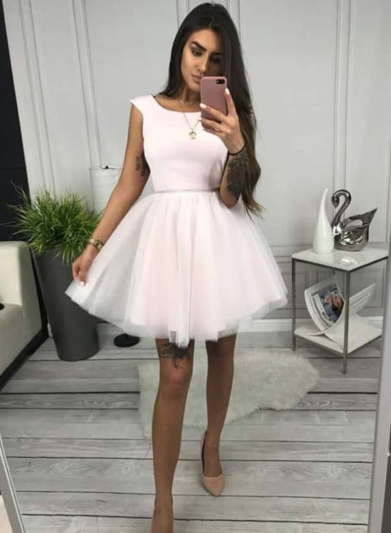Pink round neck tulle short dress, homecoming dress cg1295