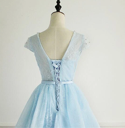Light Blue Lace Cap Sleeves Cute Short Party Dress, Blue Homecoming Dress cg12963