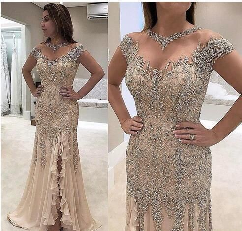 Gorgeous Beaded Side Slit Mermaid Prom Dress with Cap Sleeve, Long Evening Dress cg12969