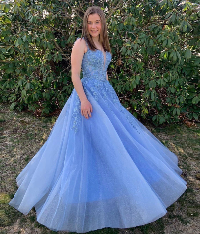 Elegant Tulle Blue Appliques Long Prom Dress, Formal Evening Dresses cg12976