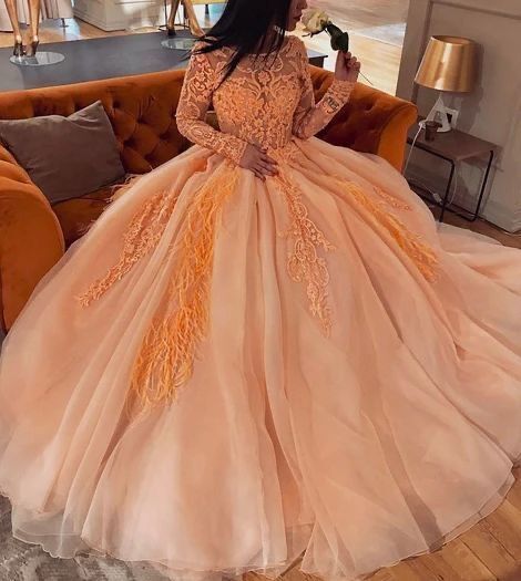 Long Sleeve Tulle Appliques Ball Gown Quinceanera prom Dresses cg12983