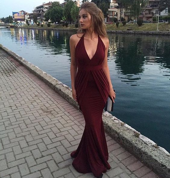 Maroon prom dresses, Halter prom dresses, Mermaid prom dresses cg12985