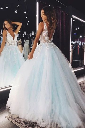 Blue v neck tulle lace long prom dress blue lace formal dress cg13029