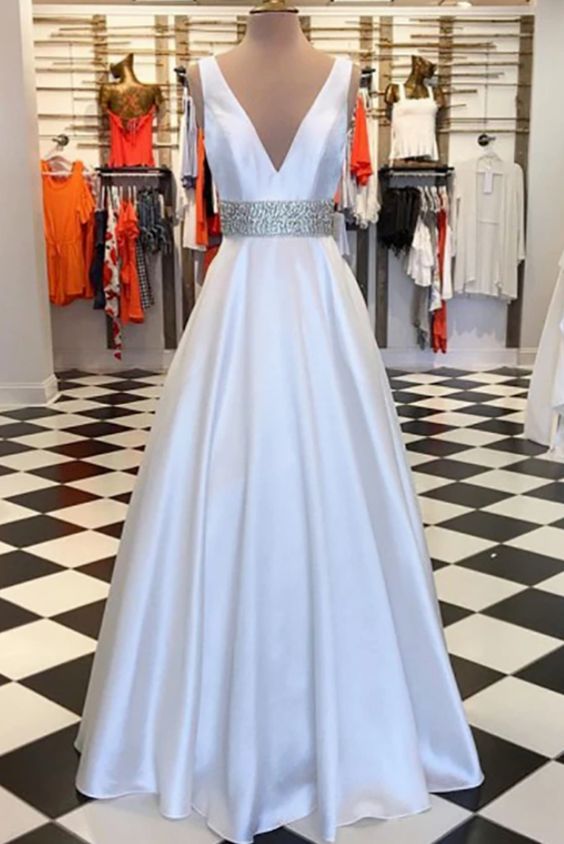 A-Line V-Neck Floor-Length White Satin Prom Dress With Beading cg13042