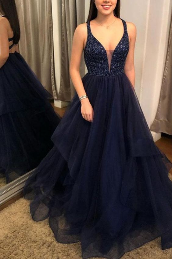 A-Line Navy Blue Long Prom Dresses Formal Evening Gowns cg13043