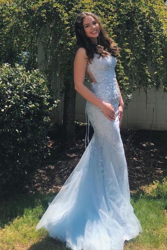 Mermaid Light Blue Prom Dress with Appliques cg13050