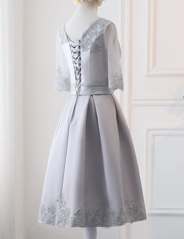 Grey Simple Knee Length Satin Short Sleeves Party Dress, Wedding Party Dress Homecoming Dress cg13076