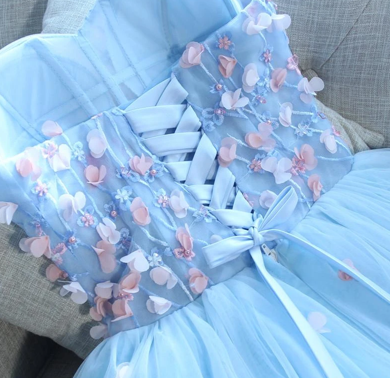 Light Blue Sweetheart Short Handmade Party Dress, Blue Flowers Homecoming Dress cg13080