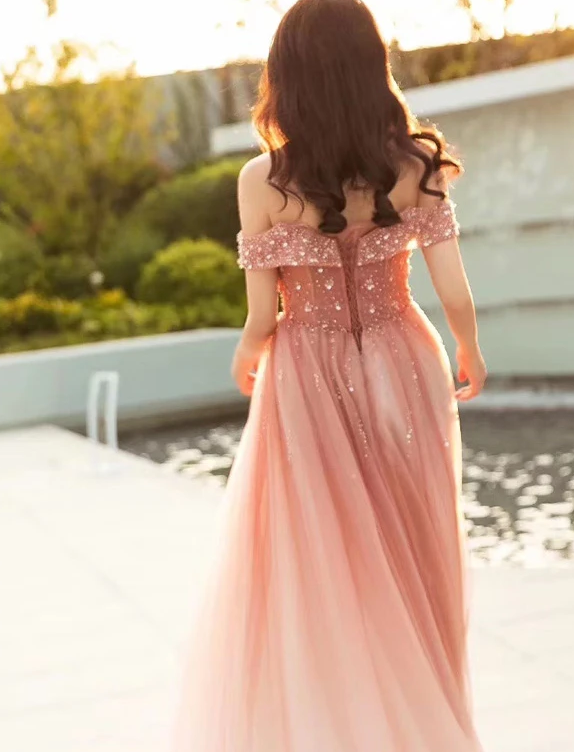 Beautiful Pink Tulle Gradient Beaded Off Shoulder Party Dress, Pink Prom Gown cg13081