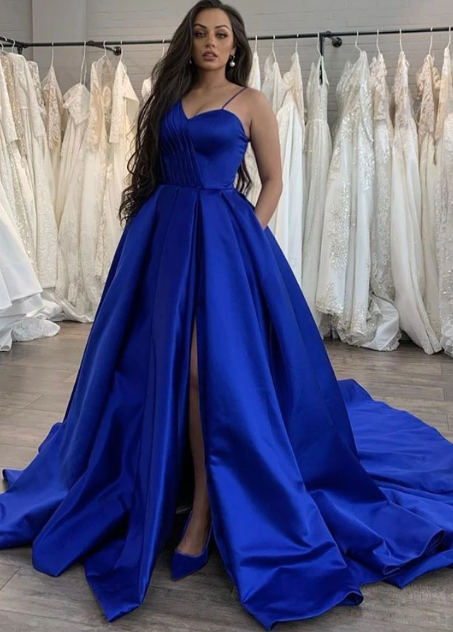 Simple blue satin long prom dress blue evening dress cg13084