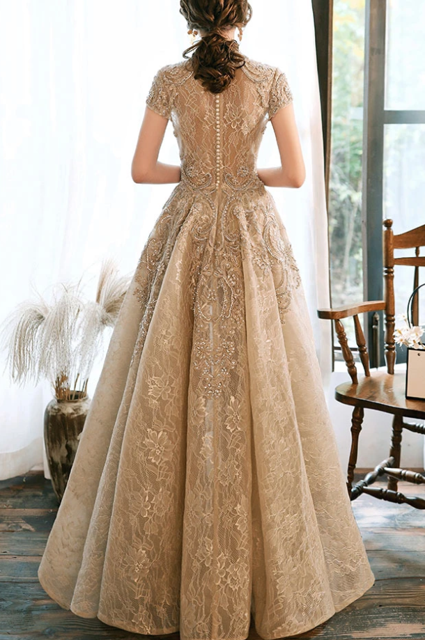 LIGHT CHAMPAGNE LACE SATIN PROM DRESS CHAMPAGNE EVENING DRESS cg13087