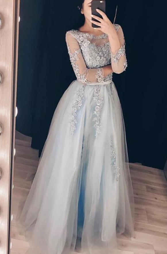 Round Neck Long Sleeves Grey Lace Floral Prom Dress, Long Sleeves Grey Lace Formal Dress, Grey Lace Evening Dress cg13092