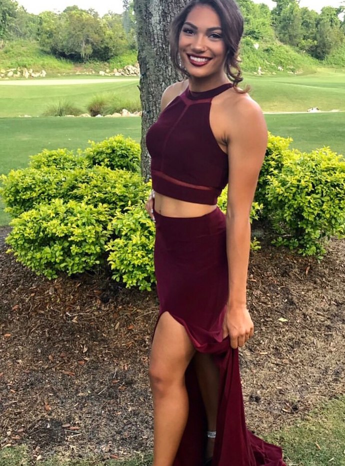 Elegant Halter 2 Pieces Prom Dresses With Side Split cg13095