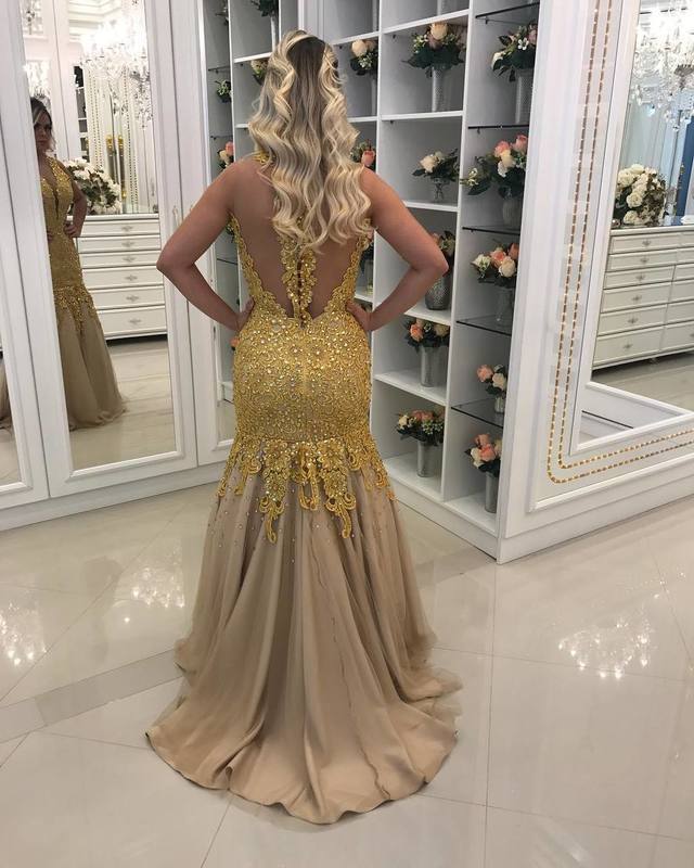 Illusion Back V-Neck Formal Long prom Dress with Gold Lace-Appliques cg13098