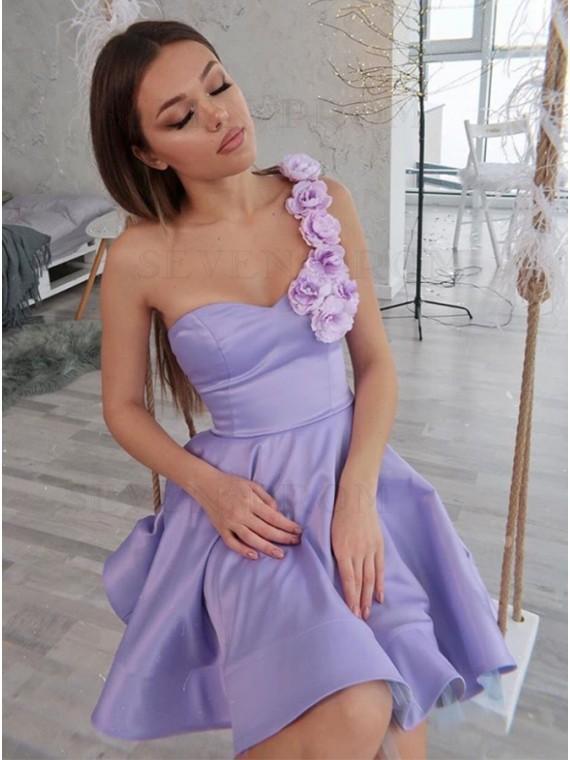 A-Line One Shoulder Short Lilac Homecoming Dress with Flowers cg13114